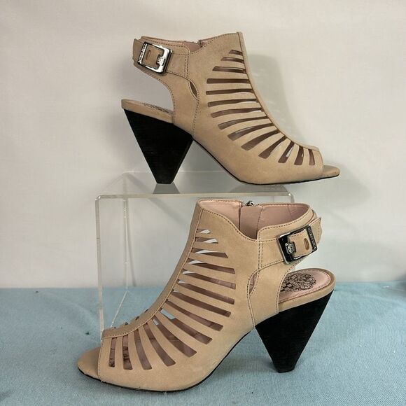 Vince Camuto Tan Pierced Suede Wood Heel Zip - Picture 2 of 6